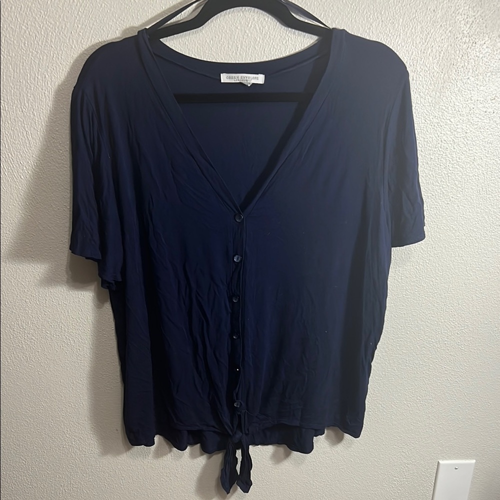Green Envelope Blue Buttoned Tie Front Top